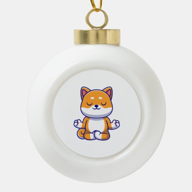 Cute shiba inu dog doing yoga meditation cartoon   ceramic ball christmas ornament (Front)