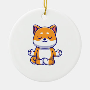 Cute shiba inu dog doing yoga meditation cartoon   ceramic ornament