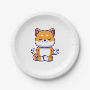 Cute shiba inu dog doing yoga meditation cartoon paper plate