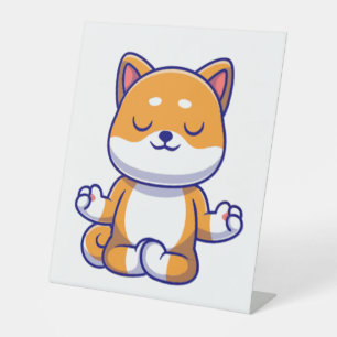 Cute shiba inu dog doing yoga meditation cartoon pedestal sign
