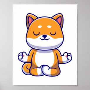 Cute shiba inu dog doing yoga meditation cartoon poster