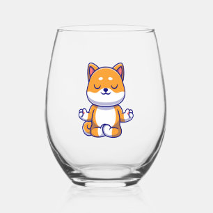 Cute shiba inu dog doing yoga meditation cartoon stemless wine glass