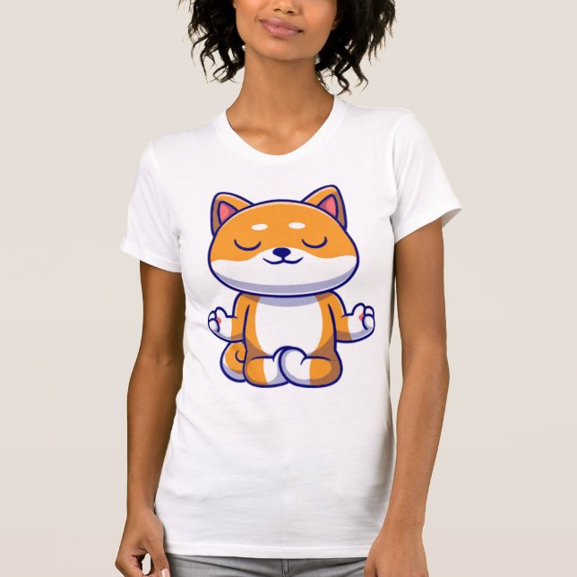 Cute shiba inu dog doing yoga meditation cartoon   T-Shirt (Front)