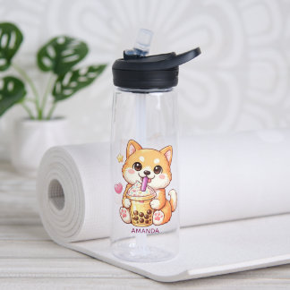 Cute Shiba Inu Dog Drinking Bubble Tea Add Name Water Bottle