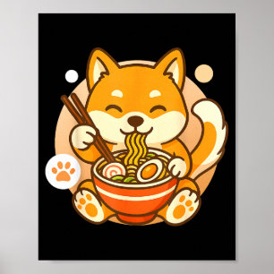 Cute Shiba Inu Dog Ramen Noodles Bowl Anime Kawaii Poster