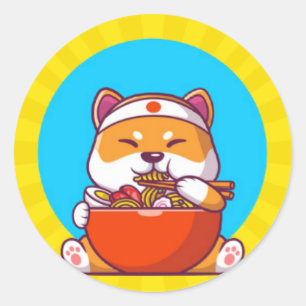 Cute Shiba Inu Eating Ramen Noodle Cartoon Classic Round Sticker