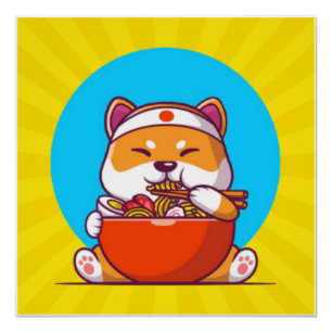 Cute Shiba Inu Eating Ramen Noodle Cartoon Poster