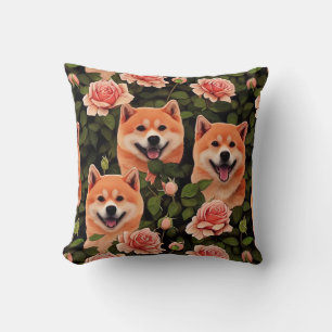 Cute Shiba Inu Enchanted Pink Rose Garden Cushion