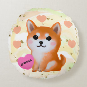 Cute Shiba Inu Hearts For Dog Lover Round Cushion