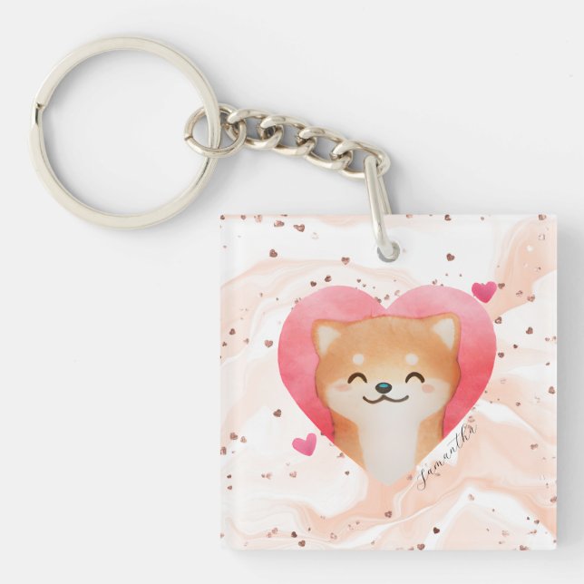 Cute Shiba Inu in a Heart Key Ring (Front)
