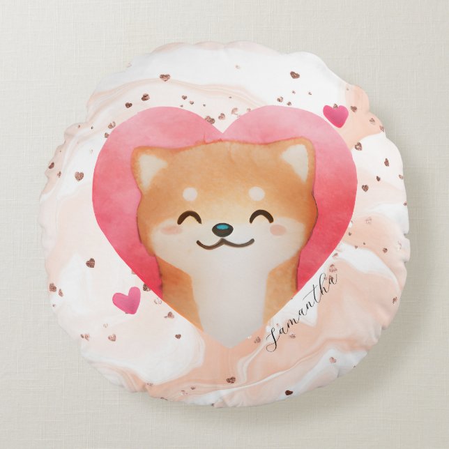 Cute Shiba Inu in a Heart Round Cushion (Front)