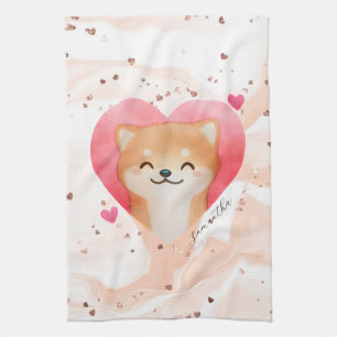 Cute Shiba Inu in a Heart Tea Towel
