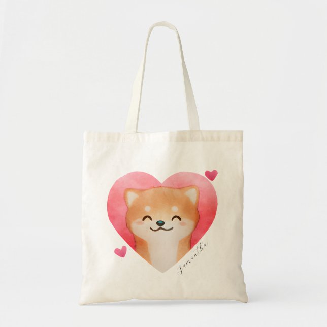 Cute Shiba Inu in a Heart Tote Bag (Front)