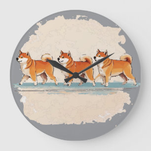 cute shiba inu walking in line large clock