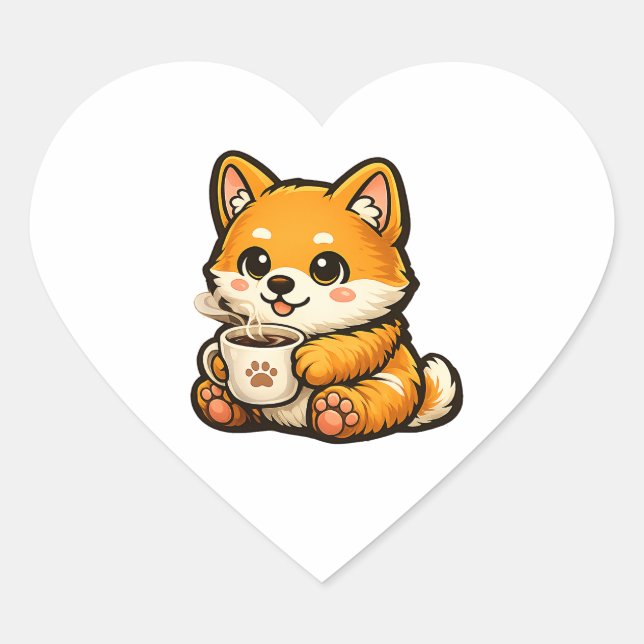Cute Shiba Inu with Coffee – Cozy Dog Illustration Heart Sticker (Front)