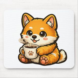 Cute Shiba Inu with Coffee – Cozy Dog Illustration Mouse Pad