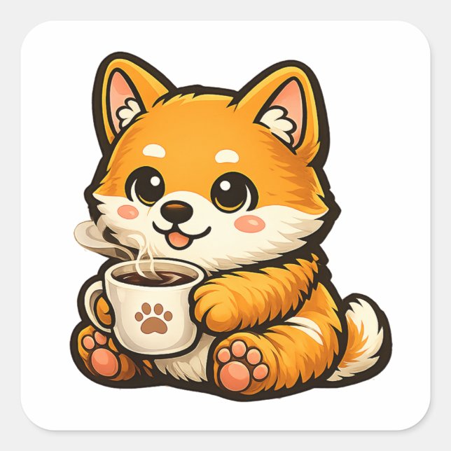 Cute Shiba Inu with Coffee – Cozy Dog Illustration Square Sticker (Front)