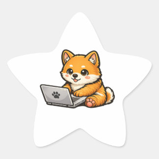 Cute Shiba Inu with Laptop – Cosy Dog Design Star Sticker