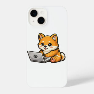 Cute Shiba Inu with Laptop – Cozy Dog Illustration iPhone 14 Case