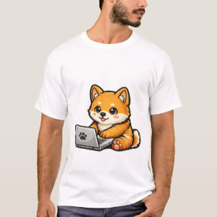 Cute Shiba Inu with Laptop – Cozy Dog Illustration T-Shirt