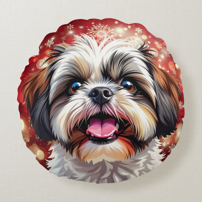 Cute Shih Tzu Christmas Round Cushion (Front)