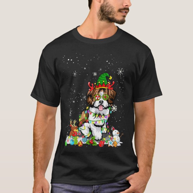 Cute Shih Tzu Dog Elf Hat Christmas Lights Xmas T-Shirt (Front)