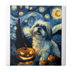 Cute Shih Tzu Dog Halloween Jack O Lantern Pumpkin Ceramic Tile