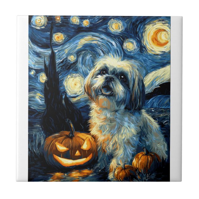 Cute Shih Tzu Dog Halloween Jack O Lantern Pumpkin Ceramic Tile (Front)