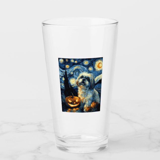 Cute Shih Tzu Dog Halloween Jack O Lantern Pumpkin Glass (Front)