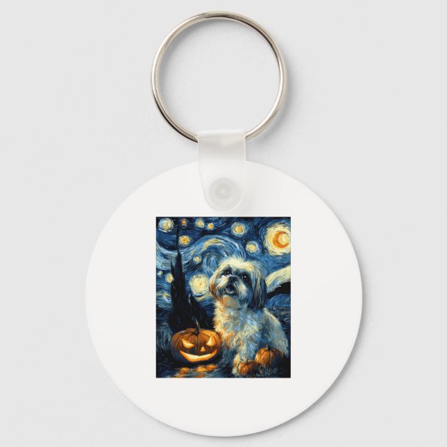 Cute Shih Tzu Dog Halloween Jack O Lantern Pumpkin Key Ring (Front)