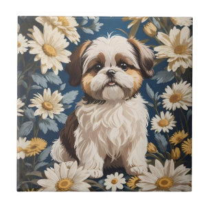 Cute Shih Tzu Dog White Daisy Flowers  Ceramic Tile