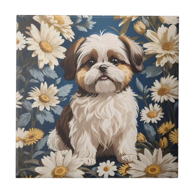 Cute Shih Tzu Dog White Daisy Flowers  Ceramic Tile (Front)