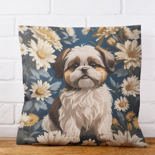 Cute Shih Tzu Dog White Daisy Flowers  Cushion