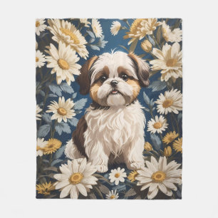 Cute Shih Tzu Dog White Daisy Flowers  Fleece Blanket