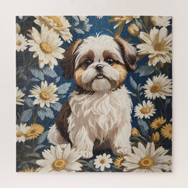Cute Shih Tzu Dog White Daisy Flowers  Jigsaw Puzzle (Vertical)