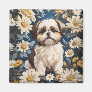 Cute Shih Tzu Dog White Daisy Flowers Magnet