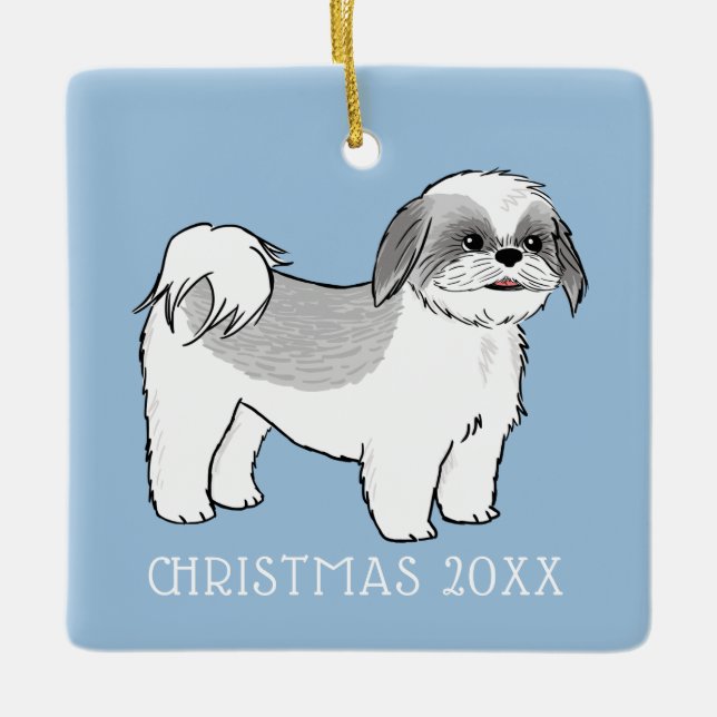 Cute Shih Tzu Grey and White Cartoon Dog Custom Ceramic Ornament (Front)