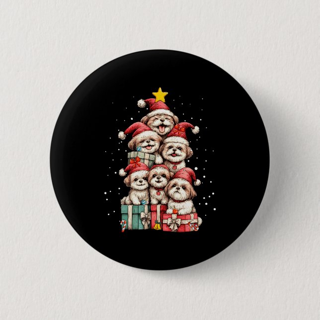 Cute Shih Tzu Le Dog Christmas Tree Xmas Hat Long  6 Cm Round Badge (Front)
