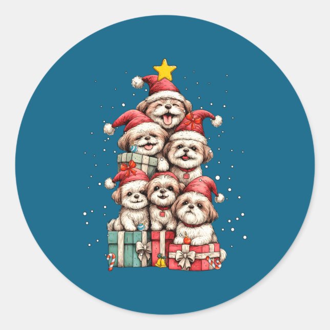 Cute Shih Tzu Le Dog Christmas Tree Xmas Hat Long  Classic Round Sticker (Front)
