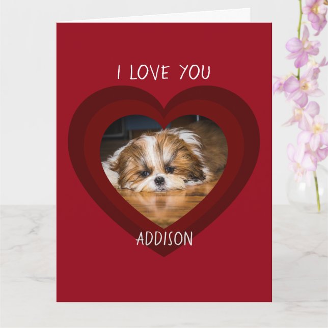 Cute shih tzu love Valentine heart photo Card (Orchid)