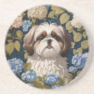 Cute Shih Tzu Puppy Blue hydrangea flowers Coaster