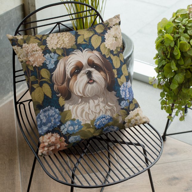 Cute Shih Tzu Puppy Blue hydrangea flowers Cushion (Creator Uploaded)