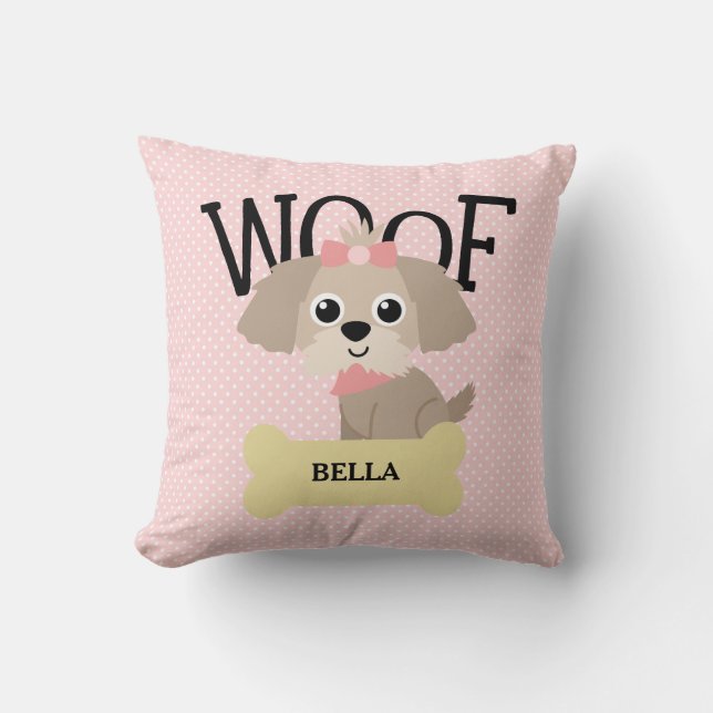 Cute Shih Tzu Puppy Dog on Pink Polka Dots Cushion (Front)