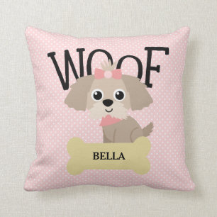 Cute Shih Tzu Puppy Dog on Pink Polka Dots Cushion