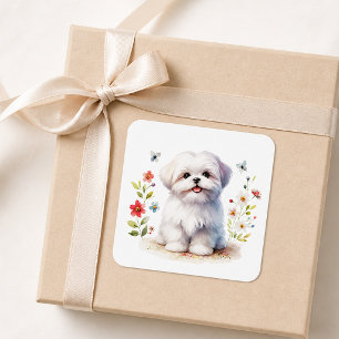 Cute Shih Tzu Puppy Floral Watercolor Square Sticker