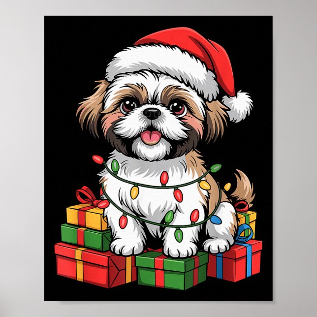 Cute Shih Tzu Santa Hat Christmas Xmas Dog Lovers  Poster (Front)