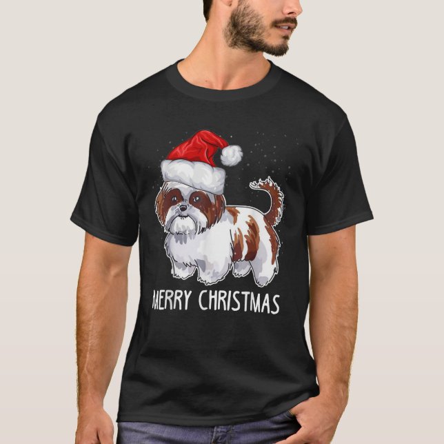 Cute Shih Tzu Santa Hat Merry Christmas Xmas Holid T-Shirt (Front)