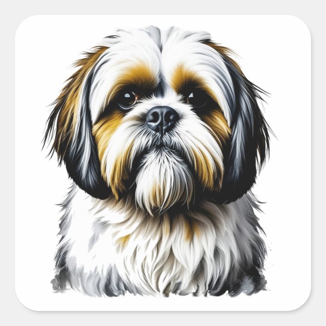 Cute Shih Tzu Watercolor style AI art Square Sticker (Front)