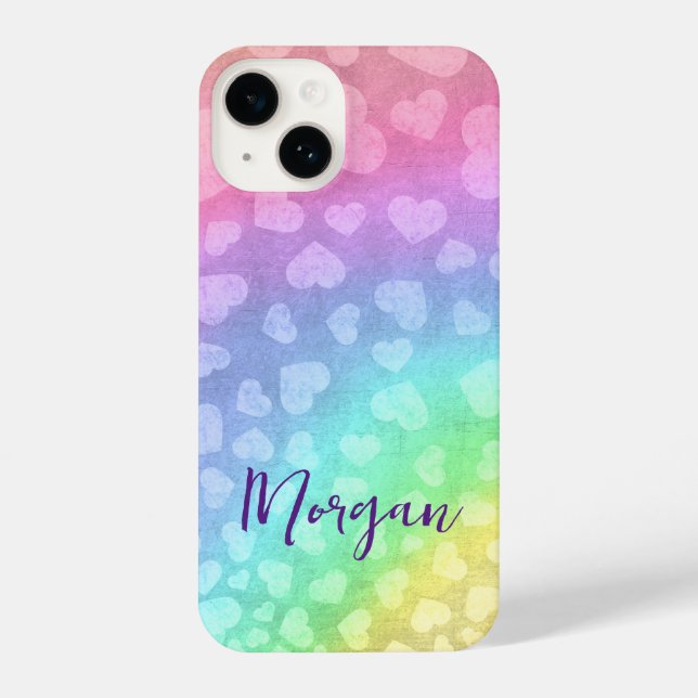 Cute Shimmering Rainbow Hearts Personalised iPhone Case (Back)