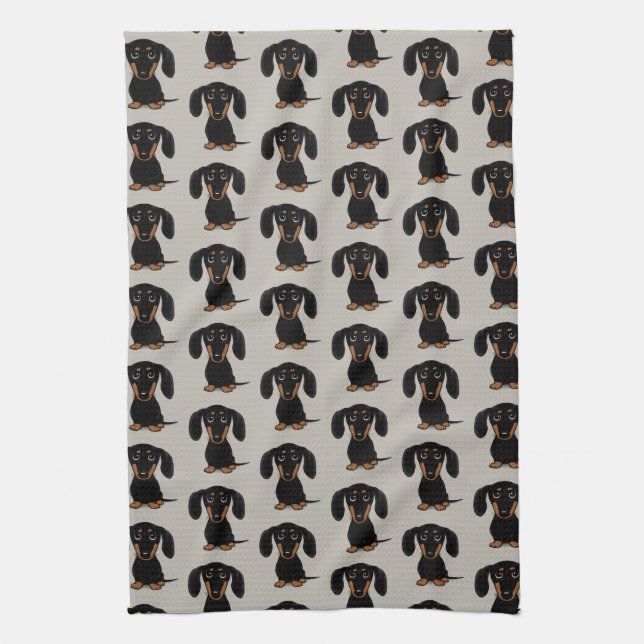 Cute Short Haired Black and Tan Dachshund Pattern Tea Towel (Vertical)